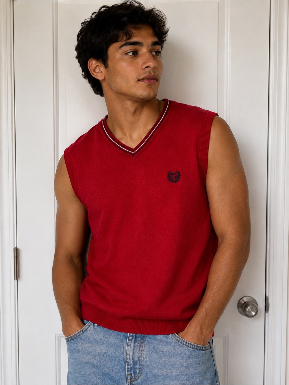 Chaps Men's Red V-Neck Sweater Vest with Embroidered Logo